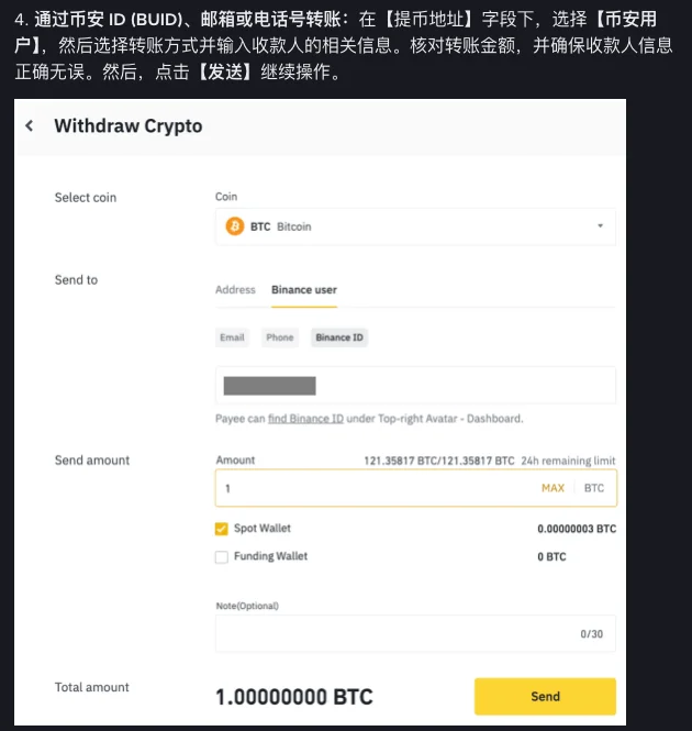 币安帮助中心站内转账教程第 4 步截图:提现页面的「Send to」一栏选中「Binance user」,下方可选 Email、Phone、Binance ID,填入收款人信息后显示转账数量、24 小时剩余额度和「Send」按钮