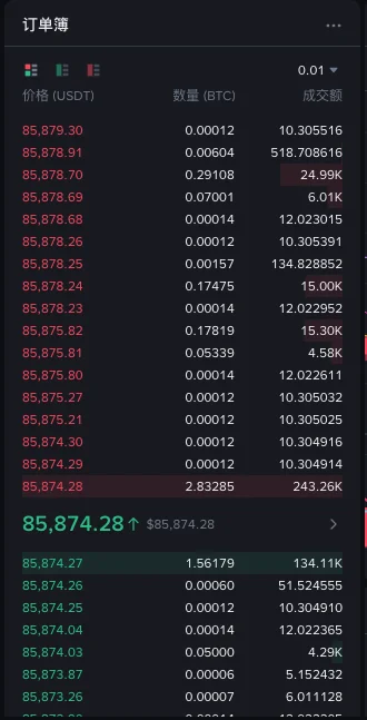币安 BTC/USDT 现货交易页左侧的订单簿,上方红色为卖单价格与数量,下方绿色为买单,中间大字为最新成交价 85,874.28