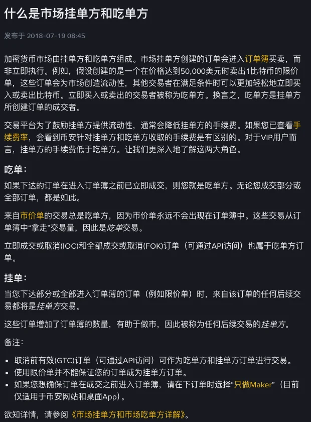 币安帮助中心「什么是市场挂单方和吃单方」页面:说明进入订单簿前立即成交的订单是吃单方,进入订单簿后被成交的是挂单方,备注写明使用限价单并不能保证订单成为挂单方订单,想确保挂单可在下单时选择“只做Maker”